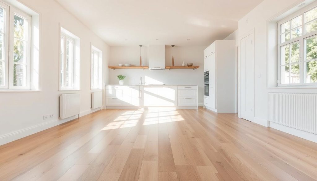 a bright, airy kitchen with light-colored hardwood flooring that reflects natural sunlight streaming in through large windows. The flooring is a soft, honey-toned oak with a subtle grain pattern, giving the space a warm, inviting feel. The floor is meticulously clean and well-maintained, creating a sense of cleanliness and order. The kitchen has a minimalist, Scandinavian-inspired design, with white walls and cabinets that amplify the natural light. The overall atmosphere is one of calm, serenity, and a connection to nature, enhancing the sense of space and openness in the room. a bright, airy kitchen with light-colored hardwood flooring that reflects natural sunlight streaming in through large windows. The flooring is a soft, honey-toned oak with a subtle grain pattern, giving the space a warm, inviting feel. The floor is meticulously clean and well-maintained, creating a sense of cleanliness and order. The kitchen has a minimalist, Scandinavian-inspired design, with white walls and cabinets that amplify the natural light. The overall atmosphere is one of calm, serenity, and a connection to nature, enhancing the sense of space and openness in the room.