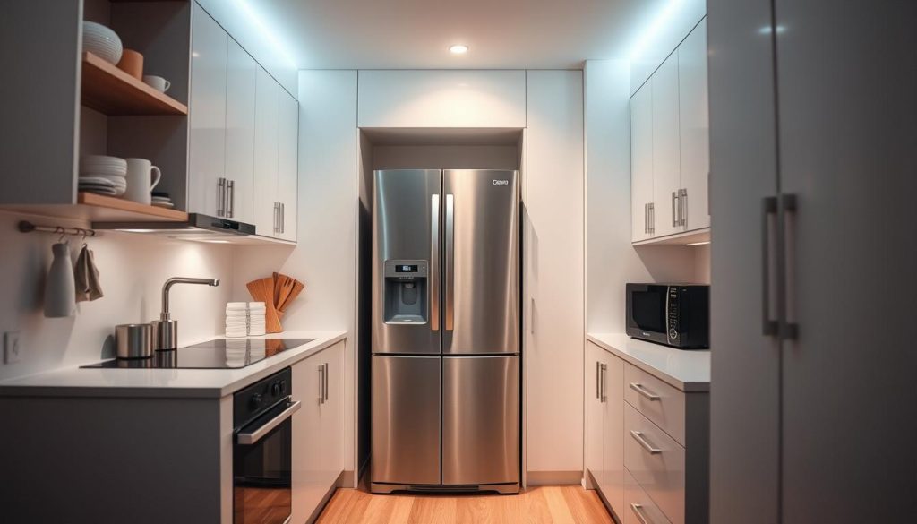 a compact and efficient kitchen interior with a sleek, modern refrigerator as the focal point. The kitchen is designed with clean lines, minimal cabinetry, and a neutral color palette, creating a sense of spaciousness and functionality. The refrigerator is positioned prominently, blending seamlessly with the overall design. Soft, diffused lighting illuminates the space, highlighting the kitchen's details and creating a warm, inviting atmosphere. The camera angle captures the kitchen's depth, showcasing the compact yet well-organized layout. The composition emphasizes the harmonious relationship between the refrigerator and the surrounding kitchen elements, demonstrating how to choose the right size fridge for a small kitchen.