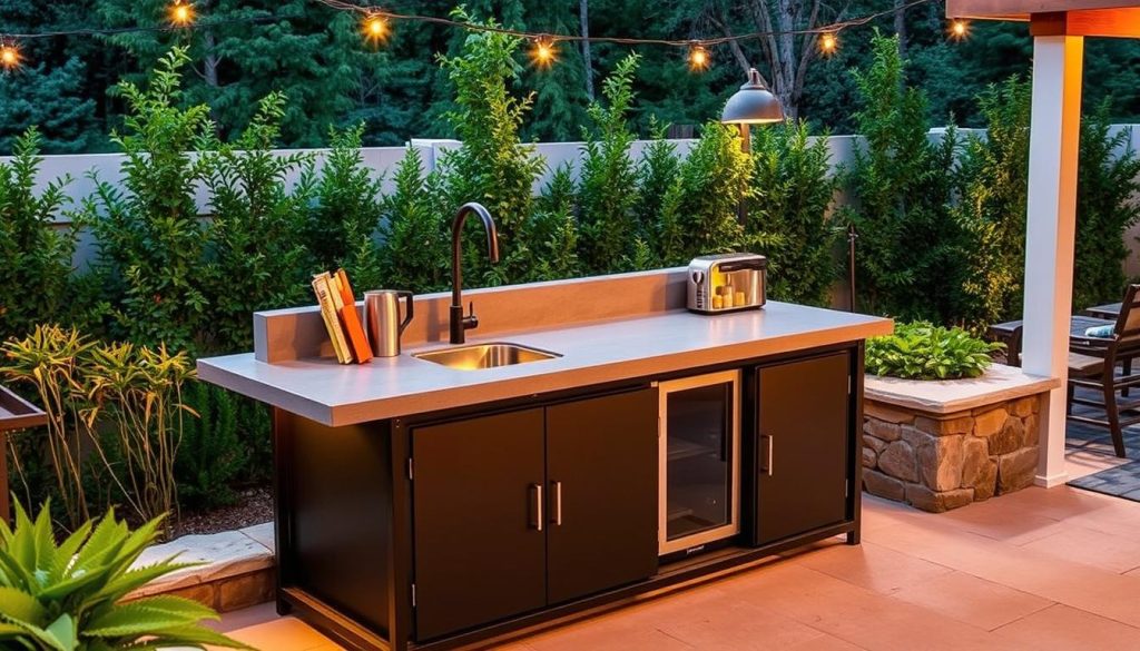 a compact outdoor kitchen bar with a sleek, modern design, featuring a smooth concrete countertop and minimalist black metal frame. The bar is situated on a patio or deck, surrounded by lush greenery and natural stone accents. Warm, ambient lighting casts a cozy glow, creating an inviting atmosphere for alfresco dining and entertaining. The bar includes a small sink, compact appliances, and ample storage space for utensils and dishware. The overall aesthetic is a harmonious blend of industrial and nature-inspired elements, reflecting a chic and practical outdoor living space. a compact outdoor kitchen bar with a sleek, modern design, featuring a smooth concrete countertop and minimalist black metal frame. The bar is situated on a patio or deck, surrounded by lush greenery and natural stone accents. Warm, ambient lighting casts a cozy glow, creating an inviting atmosphere for alfresco dining and entertaining. The bar includes a small sink, compact appliances, and ample storage space for utensils and dishware. The overall aesthetic is a harmonious blend of industrial and nature-inspired elements, reflecting a chic and practical outdoor living space.