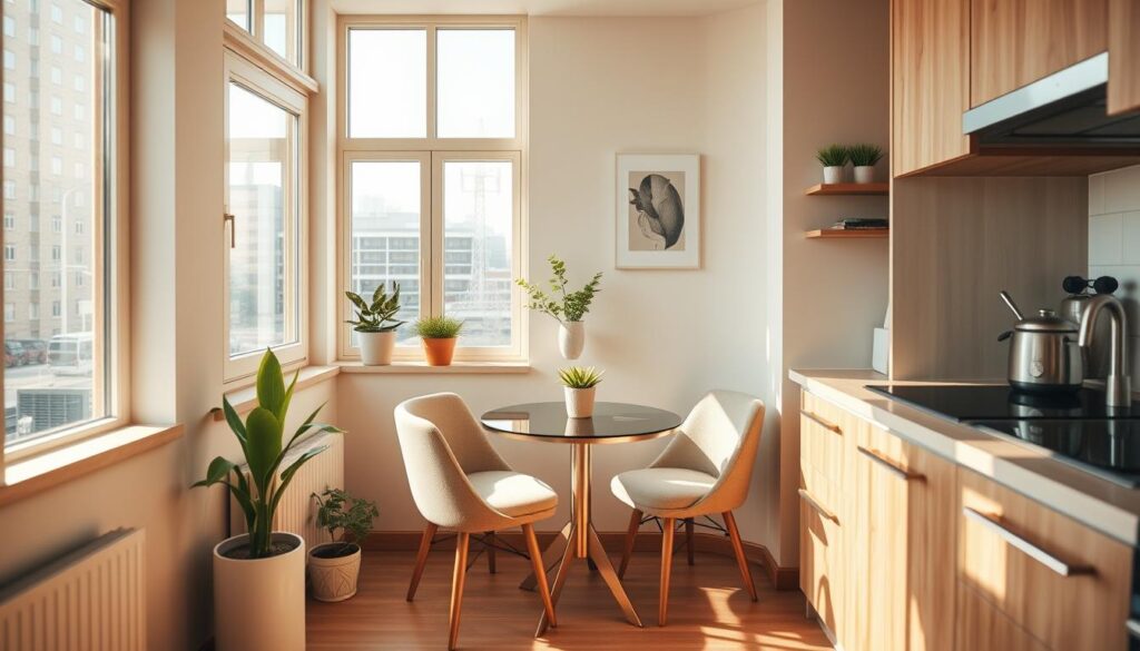 a cozy and functional small kitchen with a corner sitting area, the space is filled with warm natural light streaming in through large windows, the walls are painted a soothing neutral color with wooden accents, a compact corner table with a glass top takes up minimal space while providing a comfortable place to enjoy a meal or work, plush upholstered chairs in a complementary color scheme surround the table, potted plants and a small wall-mounted shelf add a touch of greenery and decoration, the overall atmosphere is inviting and practical, perfect for a modern urban home with limited square footage