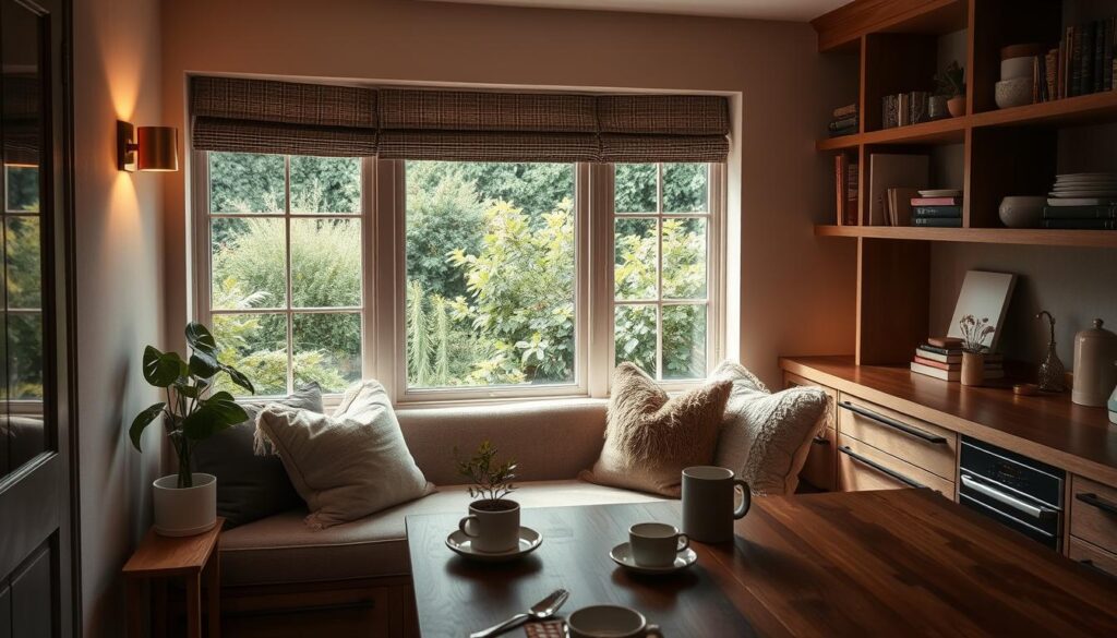 a cozy and inviting kitchen nook design, with a plush upholstered bench nestled in a sunny bay window overlooking a lush garden. the space is bathed in warm, soft lighting from a pair of brass wall sconces, casting a cozy glow. the bench is adorned with plush throw pillows in muted, earthy tones that complement the natural wood tones of the table and shelving. a small side table holds a potted plant and a steaming mug of coffee, completing the intimate, relaxing atmosphere. the overall mood is one of comfort, tranquility, and effortless style.