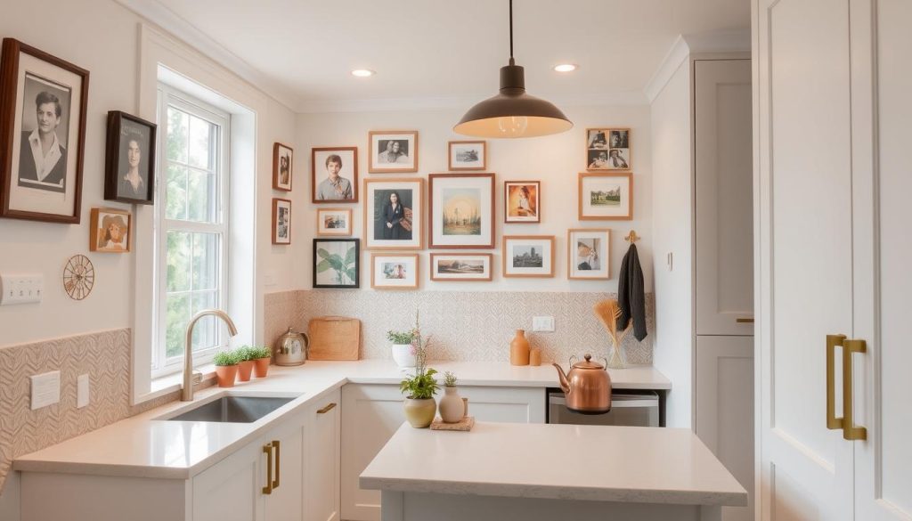 a cozy and stylish small kitchen with a single wall layout, featuring a variety of personalized decor and accessories. the kitchen has clean white cabinetry with brass hardware, a sleek quartz countertop, and a large window that floods the space with natural light. on the countertop, there is a set of potted herbs, a vintage-inspired ceramic vase with fresh flowers, and a copper kettle. the backsplash is a textured tile in a neutral color that complements the overall palette. hanging on the wall are a collection of framed artworks and photographs that reflect the homeowner's personal style. the lighting is a mix of recessed ceiling lights and a modern pendant fixture over the sink, creating a warm and inviting ambiance.
