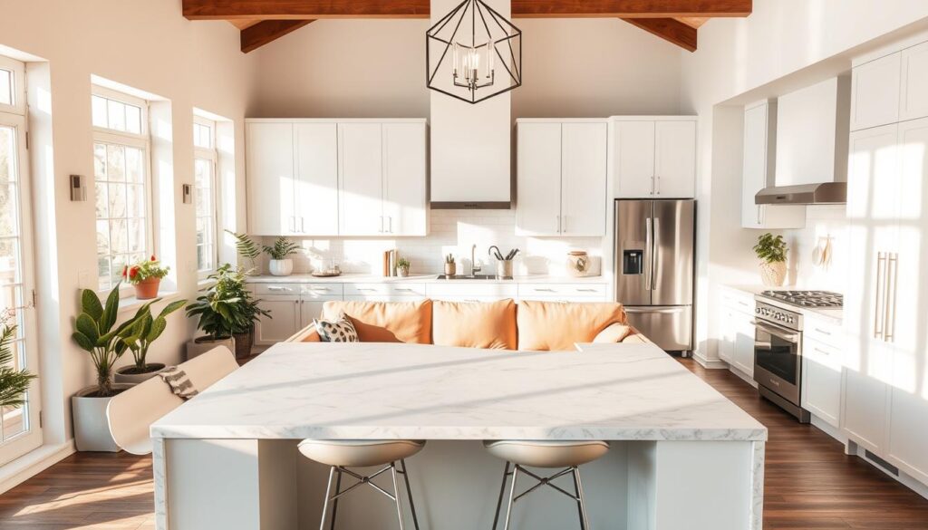 a cozy and well-designed kitchen sitting area with a central island, bathed in warm, natural lighting from large windows. The island features a smooth, marble-like countertop and modern, minimalist bar stools tucked underneath. In the middle ground, a plush, L-shaped sectional sofa with soft, earthy-toned upholstery creates a comfortable seating area. The background showcases clean, white cabinetry and backsplash, complemented by sleek, stainless steel appliances. Potted plants and a simple, geometric light fixture add a touch of greenery and sophisticated style to the space.