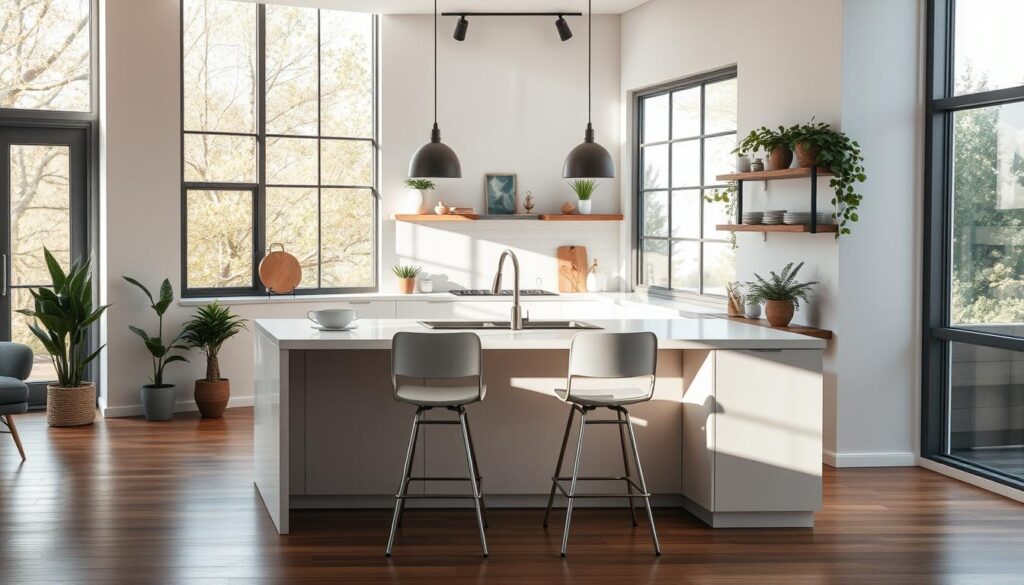 a cozy kitchen counter with a pair of modern bar stools, natural light streaming in through large windows, minimalist decor, a clean and organized workspace, wooden floors, and a warm, inviting atmosphere