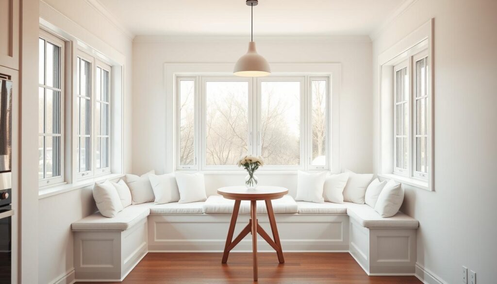 a cozy kitchen nook with a minimalist design, featuring a built-in bench with plush white cushions, surrounded by large windows that let in natural light. The nook is set against a backdrop of clean white walls and a hardwood floor. A small round wooden table sits in the center, topped with a simple vase of fresh flowers. Warm, diffused lighting from a sleek pendant fixture overhead creates a welcoming and relaxing ambiance. The composition emphasizes open space and clean lines, reflecting the essence of minimalist design. The overall scene conveys a sense of peaceful serenity and invites the viewer to linger and enjoy a moment of tranquility.