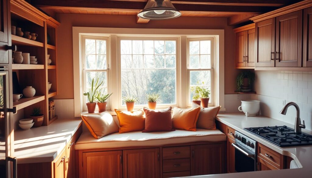 a cozy, sun-drenched kitchen with a charming window seat nook, featuring plush cushions and throw pillows in warm, inviting colors. The window seat is flanked by built-in shelves displaying potted plants and decorative trinkets, creating a delightful reading or relaxation area. Warm, natural lighting streams in, casting a soft glow on the scene. The kitchen cabinets and countertops are a mix of wood tones and white, complementing the overall rustic-chic aesthetic. Wooden beams overhead add architectural interest, while a pendant light fixture provides gentle illumination. The overall mood is one of comfort, coziness, and an appreciation for thoughtful, innovative kitchen design.