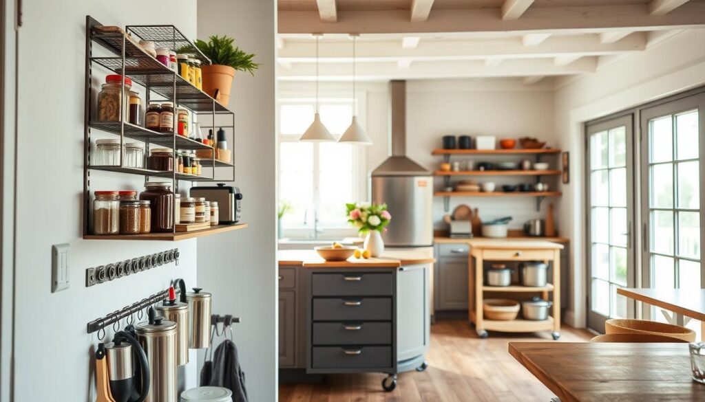 a cozy, well-organized kitchen with creative storage solutions that maximize the use of unused spaces. in the foreground, a set of modular shelves or racks mounted on the wall, holding jars, spices, and small appliances. in the middle ground, a rolling cart or a freestanding unit with drawers and cubbies, storing pots, pans, and cooking utensils. the background features an open, airy kitchen with natural light filtering in through large windows, casting a warm, inviting glow. the overall scene conveys a sense of efficiency, practicality, and a touch of rustic charm, reflecting the theme of transforming unused areas into functional storage for small kitchens.