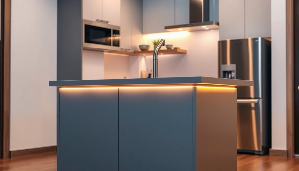 a highly detailed, high-resolution image of a small kitchen island with a sleek, modern design, featuring a linear arrangement of warm-toned LED strip lights installed along the underside of the island's countertop, casting a soft, ambient glow that illuminates the surrounding kitchen space. The kitchen is minimalist in style, with clean lines, neutral color tones, and stainless steel appliances. The LED strip lights are precisely positioned to highlight the island's elegant silhouette and create a cozy, inviting atmosphere. The lighting is the focal point of the scene, showcasing a unique and innovative solution for small kitchen island illumination. a highly detailed, high-resolution image of a small kitchen island with a sleek, modern design, featuring a linear arrangement of warm-toned LED strip lights installed along the underside of the island's countertop, casting a soft, ambient glow that illuminates the surrounding kitchen space. The kitchen is minimalist in style, with clean lines, neutral color tones, and stainless steel appliances. The LED strip lights are precisely positioned to highlight the island's elegant silhouette and create a cozy, inviting atmosphere. The lighting is the focal point of the scene, showcasing a unique and innovative solution for small kitchen island illumination.