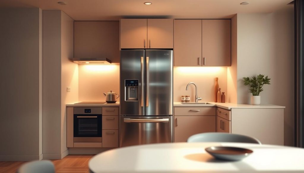 a highly detailed, realistic, and compelling image of a compact kitchen design that utilizes the exterior of a refrigerator as a central feature. The kitchen is bathed in warm, diffused lighting that creates a cozy and inviting atmosphere. The refrigerator stands prominently in the foreground, its stainless steel exterior gleaming under the soft illumination. The kitchen itself is compact but efficient, with clean lines, sleek cabinetry, and a minimal color palette that emphasizes the refrigerator as the focal point. The backsplash and countertops complement the refrigerator's finish, while the lighting and accessories create a harmonious and visually striking composition. The overall impression is one of a well-designed, space-saving kitchen that seamlessly integrates the refrigerator as a functional and aesthetic element.