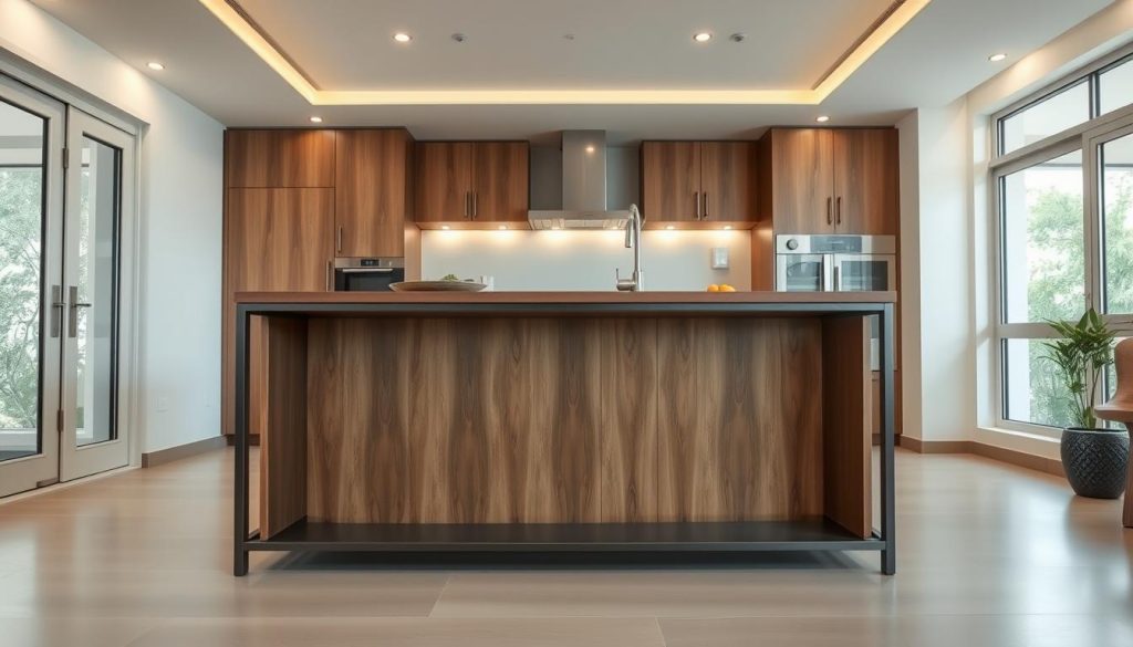 a meticulously designed small kitchen island in a modern indian kitchen, with a sleek wooden top and minimalist metal frame, providing ample counter space and storage. the island is positioned in the center of the room, with a clean, light-filled atmosphere illuminated by large windows and recessed lighting. the overall aesthetic is a harmonious blend of traditional and contemporary elements, creating a functional and visually appealing focal point in the space. a meticulously designed small kitchen island in a modern indian kitchen, with a sleek wooden top and minimalist metal frame, providing ample counter space and storage. the island is positioned in the center of the room, with a clean, light-filled atmosphere illuminated by large windows and recessed lighting. the overall aesthetic is a harmonious blend of traditional and contemporary elements, creating a functional and visually appealing focal point in the space.