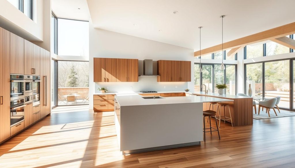 a modern, open-concept kitchen with a large central island and ample counter space, natural light streaming in through large windows, wooden floors and cabinets, stainless steel appliances, a minimalist aesthetic, a clean and airy atmosphere, a seamless integration between the kitchen and adjacent living areas, a sense of openness and flow, a high-end, contemporary design that promotes social interaction and a culinary-focused lifestyle a modern, open-concept kitchen with a large central island and ample counter space, natural light streaming in through large windows, wooden floors and cabinets, stainless steel appliances, a minimalist aesthetic, a clean and airy atmosphere, a seamless integration between the kitchen and adjacent living areas, a sense of openness and flow, a high-end, contemporary design that promotes social interaction and a culinary-focused lifestyle