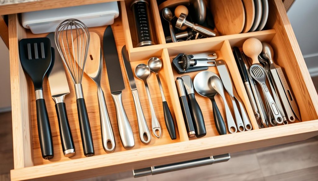 a neatly organized kitchen drawer with cooking tools, utensils, and gadgets arranged in a visually appealing manner. The drawer has a light wood finish and contains various compartments and dividers to separate and categorize the items. The foreground showcases a selection of high-quality stainless steel cooking tools, including a chef's knife, whisk, and spatula, all positioned in an orderly fashion. The middle ground features smaller items like measuring spoons, a garlic press, and a vegetable peeler, all tucked away in their designated slots. The background subtly reveals the contents of the drawer, with a mix of baking sheets, cutting boards, and other essential cooking accessories. The entire scene is illuminated by a warm, natural light, creating a sense of coziness and efficiency, perfectly capturing the essence of a well-organized cooking tool drawer. a neatly organized kitchen drawer with cooking tools, utensils, and gadgets arranged in a visually appealing manner. The drawer has a light wood finish and contains various compartments and dividers to separate and categorize the items. The foreground showcases a selection of high-quality stainless steel cooking tools, including a chef's knife, whisk, and spatula, all positioned in an orderly fashion. The middle ground features smaller items like measuring spoons, a garlic press, and a vegetable peeler, all tucked away in their designated slots. The background subtly reveals the contents of the drawer, with a mix of baking sheets, cutting boards, and other essential cooking accessories. The entire scene is illuminated by a warm, natural light, creating a sense of coziness and efficiency, perfectly capturing the essence of a well-organized cooking tool drawer.