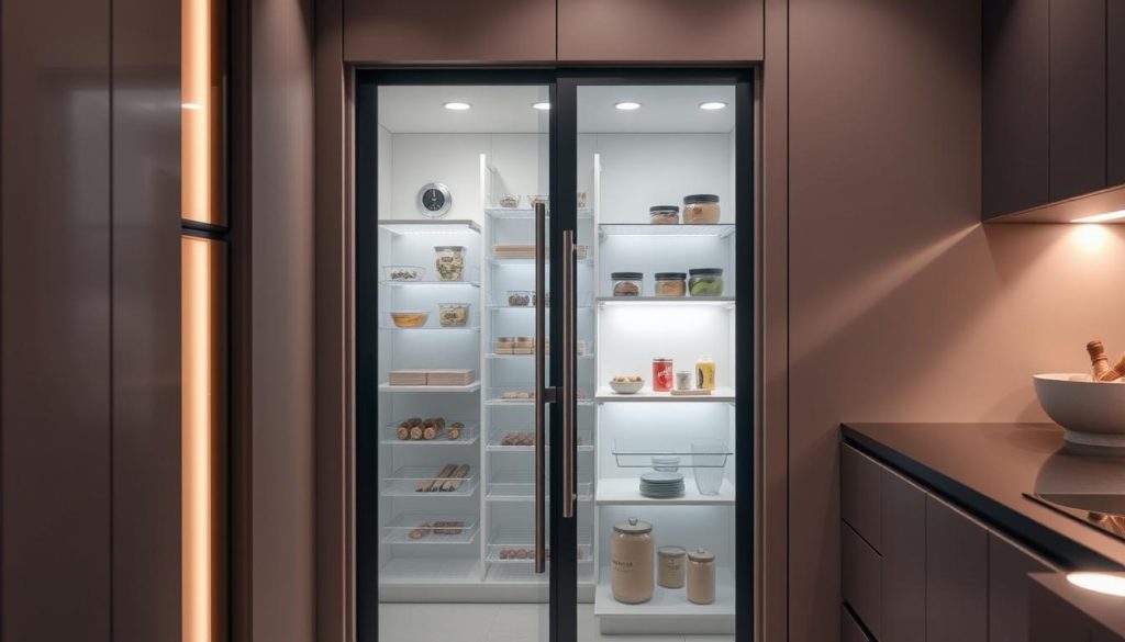 a small modern kitchen pantry with integrated smart home technology, high-contrast materials, and sleek, minimalist design. The pantry has a seamless glass door, revealing a neatly organized interior with adjustable LED lighting, motion sensors, and integrated digital display for recipes, inventory, and shopping lists. The pantry is recessed into the wall, creating a flush, built-in look that blends perfectly with the surrounding kitchen cabinetry. Indirect lighting casts a warm glow, setting a cozy and inviting atmosphere. The overall design is elegant, functional, and showcases the latest advancements in connected home technology.