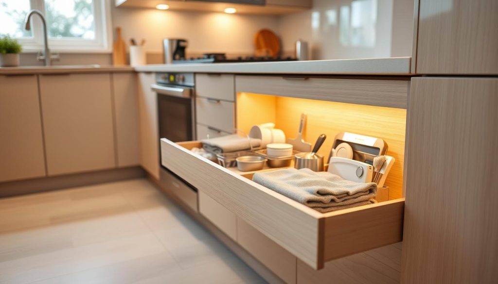 a spacious modern kitchen interior with an open drawer revealing carefully organized and displayed dish towels, cloths, and other small kitchen accessories. The drawer is well-lit with warm, natural lighting, showcasing the contents in an inviting and visually appealing manner. The drawer itself is made of sleek, light-colored wood, complementing the overall clean and minimalist kitchen design. The arrangement of the items within the drawer is thoughtful and efficient, demonstrating clever space-saving techniques. The scene evokes a sense of order, functionality, and attention to detail in small kitchen organization. a spacious modern kitchen interior with an open drawer revealing carefully organized and displayed dish towels, cloths, and other small kitchen accessories. The drawer is well-lit with warm, natural lighting, showcasing the contents in an inviting and visually appealing manner. The drawer itself is made of sleek, light-colored wood, complementing the overall clean and minimalist kitchen design. The arrangement of the items within the drawer is thoughtful and efficient, demonstrating clever space-saving techniques. The scene evokes a sense of order, functionality, and attention to detail in small kitchen organization.