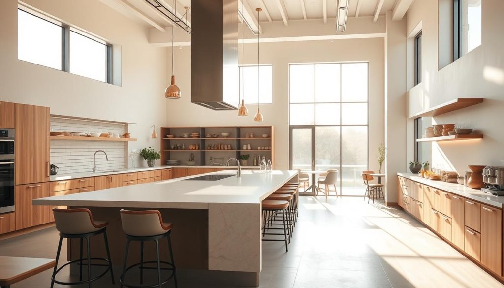 an open kitchen layout with a large counter island and seating area, bathed in warm, natural light streaming in through large windows. The space has a modern, minimalist aesthetic with clean lines and a palette of neutral tones accented by natural wood and metal elements. The kitchen is equipped with high-end appliances and features a sleek, built-in coffee station. The counter island serves as a focal point, encouraging customer interaction and allowing for a seamless flow between the kitchen and dining areas. The overall atmosphere is one of understated elegance, inviting customers to engage with the culinary experience. an open kitchen layout with a large counter island and seating area, bathed in warm, natural light streaming in through large windows. The space has a modern, minimalist aesthetic with clean lines and a palette of neutral tones accented by natural wood and metal elements. The kitchen is equipped with high-end appliances and features a sleek, built-in coffee station. The counter island serves as a focal point, encouraging customer interaction and allowing for a seamless flow between the kitchen and dining areas. The overall atmosphere is one of understated elegance, inviting customers to engage with the culinary experience.