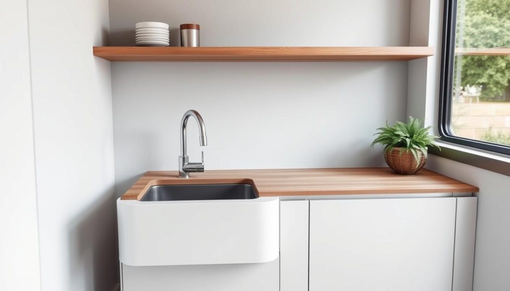 compact kitchen sink design, minimalist modern sink unit with integrated basin, polished chrome faucet, floating shelves above for storage, neutral color palette of white, grey, and wood tones, natural lighting from large window, clean, clutter-free layout, high-quality materials and seamless construction, simple and functional design, subtle textures and clean lines, narrow depth but ample basin capacity, elegant and practical sink solution for small kitchen space