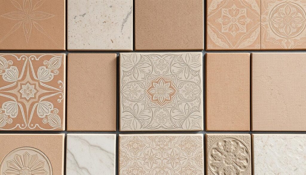 high-resolution, closeup, studio lighting, macro lens, neutral background, various ceramic tile designs in muted earth tones and natural colors, matte finish, intricate patterns and textures, irregular shapes, subtle shading and gradients, tightly arranged compositions, clean and minimalist, highlighting the quality and craftsmanship of the tiles, conveying a sense of warmth, elegance, and sophistication.