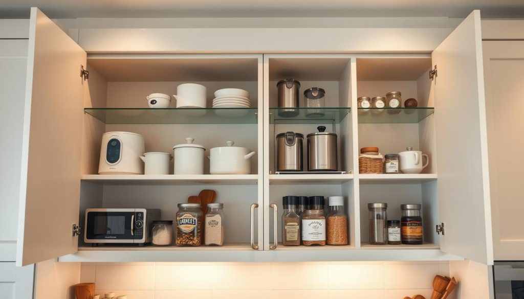 kitchen cabinet doors open revealing well-organized storage, shelves and racks holding small appliances, cooking utensils, spices and other kitchen essentials, warm indirect lighting from above illuminates the tidy interior, close-up front view with blurred background, clean minimalist design, modern scandinavian style