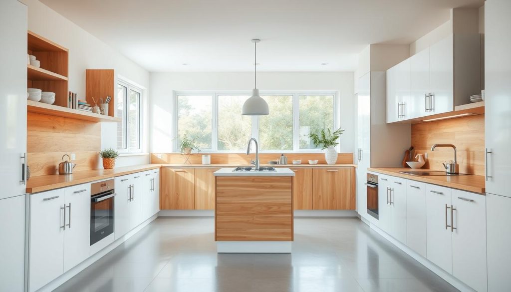 A bright, airy kitchen with clean, minimalist design. The foreground features a compact layout with a central island, open shelving, and sleek appliances. The middle ground showcases a warm, natural wood backsplash and countertops, contrasting with the crisp white cabinets. The background is filled with large windows, allowing natural light to flood the space and create a sense of openness. The overall atmosphere is one of efficiency, organization, and a touch of Scandinavian-inspired style. A bright, airy kitchen with clean, minimalist design. The foreground features a compact layout with a central island, open shelving, and sleek appliances. The middle ground showcases a warm, natural wood backsplash and countertops, contrasting with the crisp white cabinets. The background is filled with large windows, allowing natural light to flood the space and create a sense of openness. The overall atmosphere is one of efficiency, organization, and a touch of Scandinavian-inspired style.