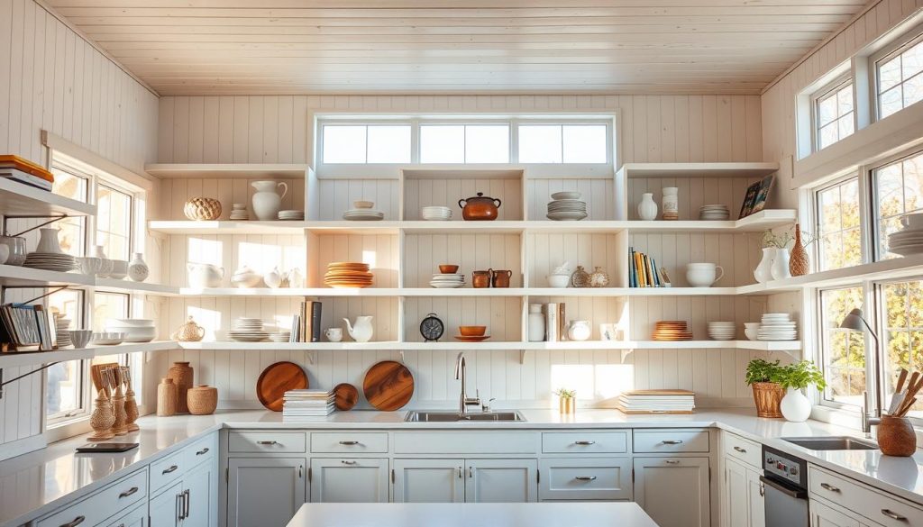 A bright, airy kitchen with open white wood shelving spanning the wall, showcasing a curated collection of ceramics, cookbooks, and decorative accents. The shelves are illuminated by natural light pouring in through large windows, creating a warm, inviting atmosphere. The shelving is positioned at eye level, creating a focal point and easy access to the displayed items. The kitchen has a sleek, minimalist design with clean lines and a neutral color palette, allowing the open shelving to be the star of the space. A bright, airy kitchen with open white wood shelving spanning the wall, showcasing a curated collection of ceramics, cookbooks, and decorative accents. The shelves are illuminated by natural light pouring in through large windows, creating a warm, inviting atmosphere. The shelving is positioned at eye level, creating a focal point and easy access to the displayed items. The kitchen has a sleek, minimalist design with clean lines and a neutral color palette, allowing the open shelving to be the star of the space.