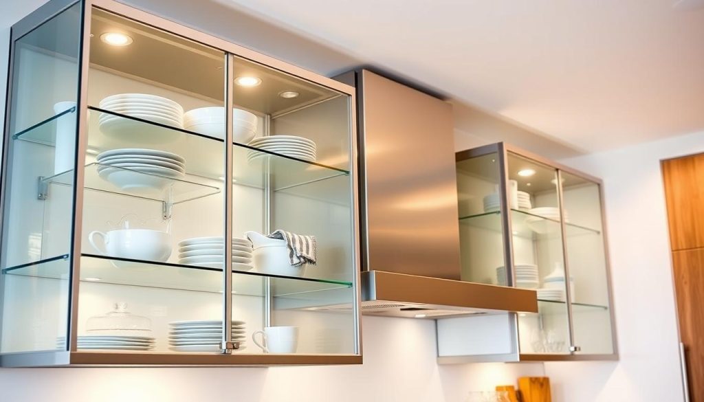 A bright, contemporary kitchen with sleek glass-front cabinets showcasing artfully arranged dishware. The cabinets have a clean, minimalist design with brushed metal frames and crystal-clear tempered glass panels, creating an airy, open feel. Warm, diffused lighting from above illuminates the contents, casting a soft glow. The cabinets are installed at eye level, allowing for easy access and display. The kitchen has a crisp, white color palette with subtle wood accents, complementing the transparent cabinets. The scene is captured from a slight angle, emphasizing the depth and dimension of the space. A bright, contemporary kitchen with sleek glass-front cabinets showcasing artfully arranged dishware. The cabinets have a clean, minimalist design with brushed metal frames and crystal-clear tempered glass panels, creating an airy, open feel. Warm, diffused lighting from above illuminates the contents, casting a soft glow. The cabinets are installed at eye level, allowing for easy access and display. The kitchen has a crisp, white color palette with subtle wood accents, complementing the transparent cabinets. The scene is captured from a slight angle, emphasizing the depth and dimension of the space.