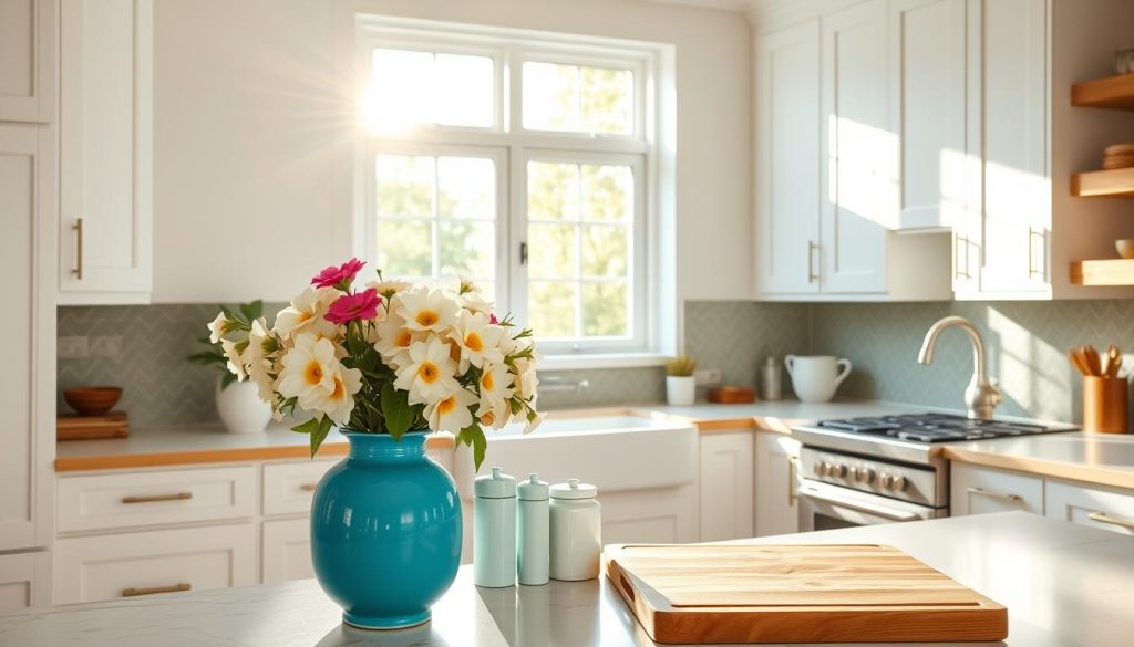 A bright, modern farmhouse-style kitchen with crisp white cabinets, warm wood accents, and stylish color pops. Sunlight streams through large windows, casting a soft, golden glow. In the foreground, a vibrant blue ceramic vase holds a bouquet of fresh blooms, adding a lively contrast. On the countertop, a set of pastel-hued canisters and a rustic wooden cutting board create a harmonious blend of textures and tones. The backsplash features a herringbone pattern in shades of sage green, complementing the earthy color palette. Minimal, clean-lined hardware and fixtures accentuate the kitchen's contemporary yet cozy aesthetic. A bright, modern farmhouse-style kitchen with crisp white cabinets, warm wood accents, and stylish color pops. Sunlight streams through large windows, casting a soft, golden glow. In the foreground, a vibrant blue ceramic vase holds a bouquet of fresh blooms, adding a lively contrast. On the countertop, a set of pastel-hued canisters and a rustic wooden cutting board create a harmonious blend of textures and tones. The backsplash features a herringbone pattern in shades of sage green, complementing the earthy color palette. Minimal, clean-lined hardware and fixtures accentuate the kitchen's contemporary yet cozy aesthetic.