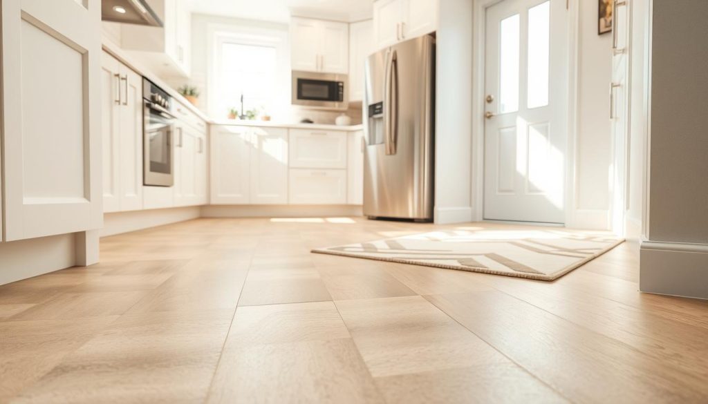 A bright, well-lit small modern kitchen showcasing various flooring options to enhance the space. The foreground features a clean, minimalist tile pattern in neutral tones, with subtle textures that add visual interest. The middle ground presents a wood-look laminate flooring in a light, warm hue, complementing the white cabinetry and countertops. In the background, a sleek, low-profile area rug in a contemporary geometric design adds a touch of warmth and softness. The lighting is soft and even, creating a warm and inviting atmosphere that highlights the different flooring textures and materials. The camera angle is slightly elevated, providing a comprehensive view of the kitchen's flooring layout and design. A bright, well-lit small modern kitchen showcasing various flooring options to enhance the space. The foreground features a clean, minimalist tile pattern in neutral tones, with subtle textures that add visual interest. The middle ground presents a wood-look laminate flooring in a light, warm hue, complementing the white cabinetry and countertops. In the background, a sleek, low-profile area rug in a contemporary geometric design adds a touch of warmth and softness. The lighting is soft and even, creating a warm and inviting atmosphere that highlights the different flooring textures and materials. The camera angle is slightly elevated, providing a comprehensive view of the kitchen's flooring layout and design.