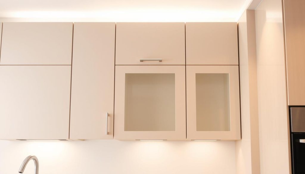 A compact, functional kitchen wall cabinet arrangement, showcasing a series of sleek, modern cabinets in a neutral color palette. The cabinets feature minimalist, recessed handles and seamless doors, creating a clean, uncluttered aesthetic. The composition emphasizes efficient use of vertical space, with multiple tiers of storage compartments. Soft, diffused lighting from above casts a warm, inviting glow, highlighting the cabinet's smooth, matte finish. The scene is captured from a slightly elevated angle, allowing the viewer to appreciate the thoughtful design and spatial organization of this multi-functional storage solution. A compact, functional kitchen wall cabinet arrangement, showcasing a series of sleek, modern cabinets in a neutral color palette. The cabinets feature minimalist, recessed handles and seamless doors, creating a clean, uncluttered aesthetic. The composition emphasizes efficient use of vertical space, with multiple tiers of storage compartments. Soft, diffused lighting from above casts a warm, inviting glow, highlighting the cabinet's smooth, matte finish. The scene is captured from a slightly elevated angle, allowing the viewer to appreciate the thoughtful design and spatial organization of this multi-functional storage solution.