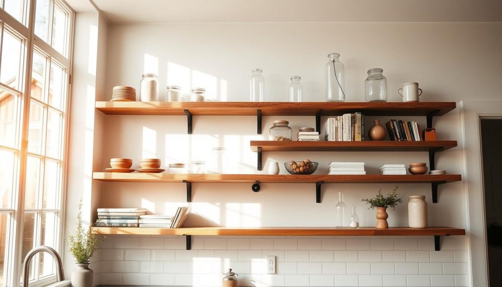 A cozy, well-lit kitchen with an open shelving design. Soft natural light filters through large windows, casting a warm glow on the rustic wooden shelves and minimalist decor. Rows of artfully arranged cookbooks, glass jars, and decorative vases create a visually appealing and functional display. The shelves are mounted on a clean, white wall, complementing the light cabinetry and tile backsplash. Subtle hints of greenery, such as a potted plant or a small bouquet, add a touch of liveliness to the scene. The overall atmosphere is one of simplicity, functionality, and a touch of modern farmhouse charm. A cozy, well-lit kitchen with an open shelving design. Soft natural light filters through large windows, casting a warm glow on the rustic wooden shelves and minimalist decor. Rows of artfully arranged cookbooks, glass jars, and decorative vases create a visually appealing and functional display. The shelves are mounted on a clean, white wall, complementing the light cabinetry and tile backsplash. Subtle hints of greenery, such as a potted plant or a small bouquet, add a touch of liveliness to the scene. The overall atmosphere is one of simplicity, functionality, and a touch of modern farmhouse charm.