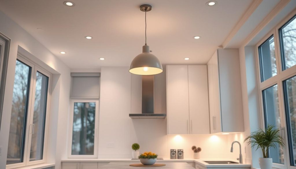 A cozy, well-lit small modern white kitchen with a variety of tasteful lighting fixtures. Soft, warm lighting from a pendant lamp above the kitchen island, complemented by recessed ceiling lights that gently illuminate the countertops and cabinets. Delicate under-cabinet lighting casts a subtle glow, highlighting the clean, minimalist design. Large windows allow natural light to flood the space, creating a bright, airy atmosphere. The overall lighting scheme blends functionality and ambiance, showcasing the kitchen's sleek, contemporary aesthetic. A cozy, well-lit small modern white kitchen with a variety of tasteful lighting fixtures. Soft, warm lighting from a pendant lamp above the kitchen island, complemented by recessed ceiling lights that gently illuminate the countertops and cabinets. Delicate under-cabinet lighting casts a subtle glow, highlighting the clean, minimalist design. Large windows allow natural light to flood the space, creating a bright, airy atmosphere. The overall lighting scheme blends functionality and ambiance, showcasing the kitchen's sleek, contemporary aesthetic.