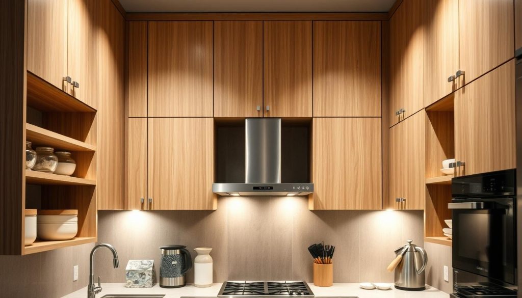 A cozy, well-organized kitchen with sleek wall cabinets maximizing vertical space. The cabinets, in a modern wood finish, extend from the countertop to the ceiling, creating a clean, uncluttered look. A combination of open shelves and closed cabinets allows for both display and hidden storage. Soft, indirect lighting illuminates the space, highlighting the textures and colors. The cabinets are arranged in a symmetrical layout, giving the kitchen a sense of balance and harmony. The overall atmosphere is one of efficiency, functionality, and a touch of elegance. A cozy, well-organized kitchen with sleek wall cabinets maximizing vertical space. The cabinets, in a modern wood finish, extend from the countertop to the ceiling, creating a clean, uncluttered look. A combination of open shelves and closed cabinets allows for both display and hidden storage. Soft, indirect lighting illuminates the space, highlighting the textures and colors. The cabinets are arranged in a symmetrical layout, giving the kitchen a sense of balance and harmony. The overall atmosphere is one of efficiency, functionality, and a touch of elegance.