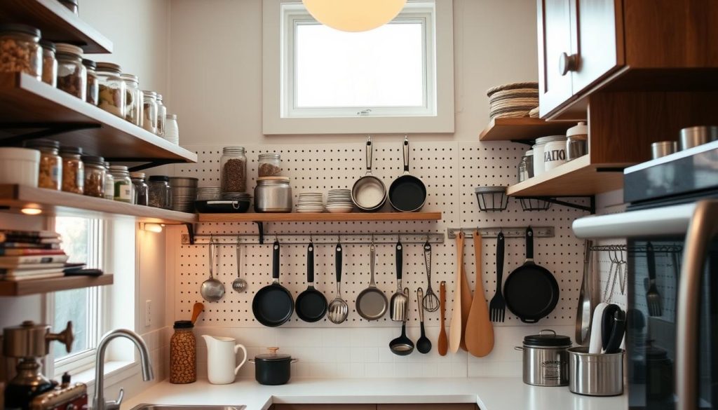 A cozy, well-organized small kitchen with budget-friendly storage solutions. Wooden open shelves, repurposed jars, and a sleek pegboard system neatly displaying pots, pans, and cooking utensils. Warm task lighting illuminates the functional yet stylish space, creating an inviting atmosphere. The layout is efficient, maximizing available wall space and cabinet areas. Neutral tones and natural materials blend seamlessly, exuding a sense of simplicity and practicality. A window lets in soft, diffused daylight, adding to the overall bright and airy feel of the kitchen. The perfect blend of form and function for a space-saving, budget-friendly kitchen storage solution. A cozy, well-organized small kitchen with budget-friendly storage solutions. Wooden open shelves, repurposed jars, and a sleek pegboard system neatly displaying pots, pans, and cooking utensils. Warm task lighting illuminates the functional yet stylish space, creating an inviting atmosphere. The layout is efficient, maximizing available wall space and cabinet areas. Neutral tones and natural materials blend seamlessly, exuding a sense of simplicity and practicality. A window lets in soft, diffused daylight, adding to the overall bright and airy feel of the kitchen. The perfect blend of form and function for a space-saving, budget-friendly kitchen storage solution.