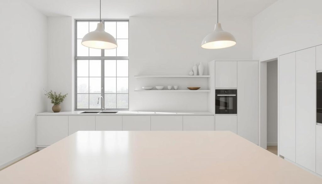 A minimalist kitchen with a sleek, white palette. The foreground features a streamlined kitchen island with a smooth, quartz countertop and clean-lined cabinets. The middle ground showcases simple, wall-mounted shelves displaying a few carefully curated items. The background is dominated by a large, floor-to-ceiling window that floods the space with natural light, creating a bright and airy atmosphere. The scene is illuminated by a pair of modern, pendant lights that cast a warm glow over the entire room. The overall mood is one of understated elegance and tranquility, reflecting the principles of minimalist design. A minimalist kitchen with a sleek, white palette. The foreground features a streamlined kitchen island with a smooth, quartz countertop and clean-lined cabinets. The middle ground showcases simple, wall-mounted shelves displaying a few carefully curated items. The background is dominated by a large, floor-to-ceiling window that floods the space with natural light, creating a bright and airy atmosphere. The scene is illuminated by a pair of modern, pendant lights that cast a warm glow over the entire room. The overall mood is one of understated elegance and tranquility, reflecting the principles of minimalist design.