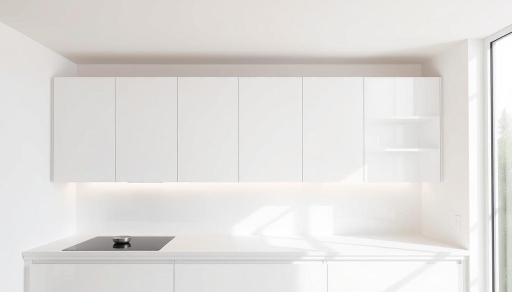 A minimalist kitchen with sleek, white wall cabinets featuring clean, rectangular lines and a subtle sheen. The cabinets are recessed into the wall, creating a seamless, integrated look. Bright, natural lighting floods the space, casting a warm, ethereal glow. The cabinets' simple, unfussy design is complemented by a neutral, monochromatic color palette, emphasizing the architecture's purity of form. The overall aesthetic is one of understated elegance and sophistication, showcasing the beauty of restrained, functional design. A minimalist kitchen with sleek, white wall cabinets featuring clean, rectangular lines and a subtle sheen. The cabinets are recessed into the wall, creating a seamless, integrated look. Bright, natural lighting floods the space, casting a warm, ethereal glow. The cabinets' simple, unfussy design is complemented by a neutral, monochromatic color palette, emphasizing the architecture's purity of form. The overall aesthetic is one of understated elegance and sophistication, showcasing the beauty of restrained, functional design.