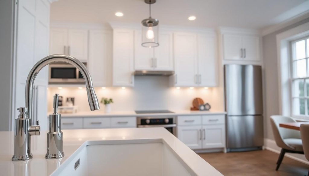 A modern, stylish kitchen with sleek, minimalist fixtures. The foreground features a chrome faucet with a streamlined silhouette, a white undermount sink, and a polished chrome soap dispenser. The middle ground showcases a white quartz countertop, a modern pendant light with a cylindrical glass shade, and a stainless steel microwave. The background includes white shaker-style cabinets, recessed lighting, and a large window that floods the space with natural light, creating a bright and airy atmosphere. The overall aesthetic is one of clean lines, high-end materials, and functional elegance. A modern, stylish kitchen with sleek, minimalist fixtures. The foreground features a chrome faucet with a streamlined silhouette, a white undermount sink, and a polished chrome soap dispenser. The middle ground showcases a white quartz countertop, a modern pendant light with a cylindrical glass shade, and a stainless steel microwave. The background includes white shaker-style cabinets, recessed lighting, and a large window that floods the space with natural light, creating a bright and airy atmosphere. The overall aesthetic is one of clean lines, high-end materials, and functional elegance.