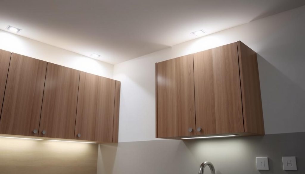 A modern, well-lit kitchen with sleek, minimalist wood-paneled cabinets. Soft, diffused lighting emanates from recessed LED fixtures along the top and bottom of the cabinets, casting a warm, inviting glow across the countertops and backsplash. The cabinets feature integrated lighting that creates a seamless, cohesive look, blending function and form. Indirect lighting highlights the cabinet's clean lines and elegant design, while subtle shadows add depth and dimension to the space. The overall atmosphere is one of sophistication and attention to detail, perfectly suited for a small kitchen with thoughtfully designed wall cabinets. A modern, well-lit kitchen with sleek, minimalist wood-paneled cabinets. Soft, diffused lighting emanates from recessed LED fixtures along the top and bottom of the cabinets, casting a warm, inviting glow across the countertops and backsplash. The cabinets feature integrated lighting that creates a seamless, cohesive look, blending function and form. Indirect lighting highlights the cabinet's clean lines and elegant design, while subtle shadows add depth and dimension to the space. The overall atmosphere is one of sophistication and attention to detail, perfectly suited for a small kitchen with thoughtfully designed wall cabinets.