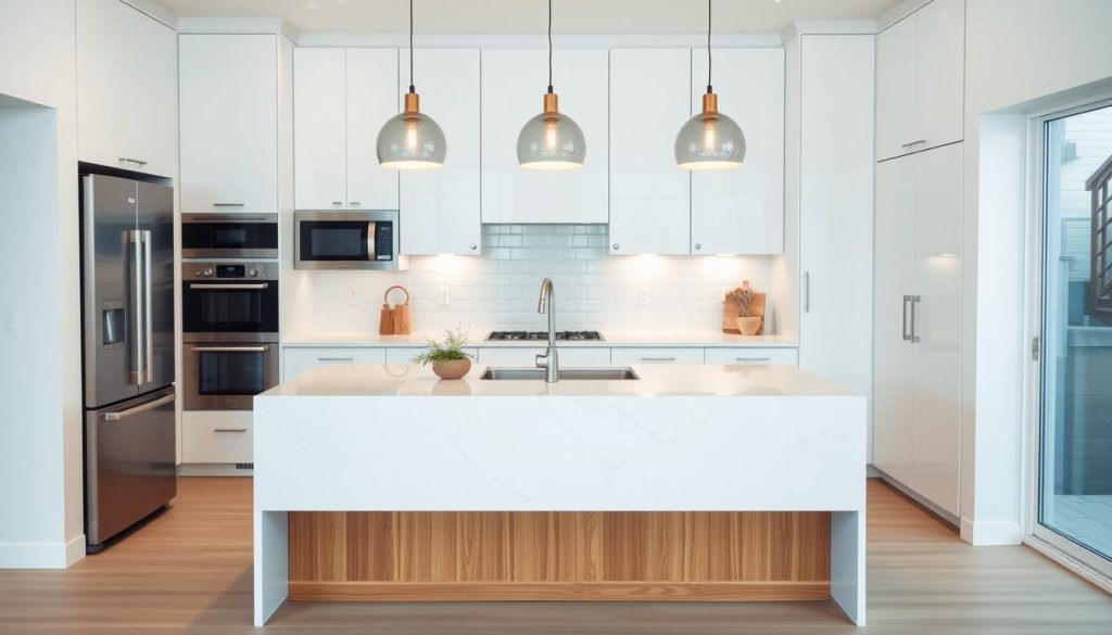 A modern, well-lit small kitchen with a sleek, minimalist island as the focal point. The island features a white marble-like countertop with clean lines, and a wooden base that adds warmth. The island is positioned in the center of the kitchen, surrounded by white cabinets and appliances. Soft, diffused lighting from pendant lamps above casts a gentle glow, creating a cozy and inviting atmosphere. The kitchen's layout is optimized for functionality, with ample workspace and storage. The overall aesthetic is contemporary and sophisticated, perfectly suited for a small modern kitchen. A modern, well-lit small kitchen with a sleek, minimalist island as the focal point. The island features a white marble-like countertop with clean lines, and a wooden base that adds warmth. The island is positioned in the center of the kitchen, surrounded by white cabinets and appliances. Soft, diffused lighting from pendant lamps above casts a gentle glow, creating a cozy and inviting atmosphere. The kitchen's layout is optimized for functionality, with ample workspace and storage. The overall aesthetic is contemporary and sophisticated, perfectly suited for a small modern kitchen.