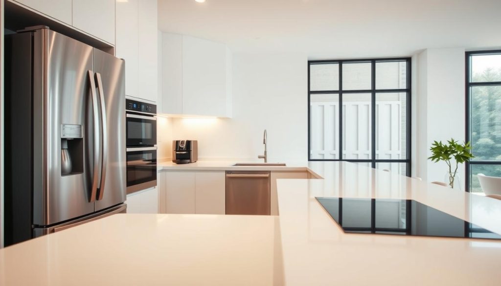 A sleek, modern kitchen with a minimalist white countertop and cabinets. In the foreground, a stainless steel refrigerator, oven, and dishwasher gleam under warm, diffused lighting. In the middle ground, a stylish espresso machine and a high-tech induction cooktop sit neatly arranged. The background features large windows, allowing natural light to flood the space and create a bright, airy atmosphere. The overall aesthetic is clean, contemporary, and perfectly suited for a small, modern white kitchen. A sleek, modern kitchen with a minimalist white countertop and cabinets. In the foreground, a stainless steel refrigerator, oven, and dishwasher gleam under warm, diffused lighting. In the middle ground, a stylish espresso machine and a high-tech induction cooktop sit neatly arranged. The background features large windows, allowing natural light to flood the space and create a bright, airy atmosphere. The overall aesthetic is clean, contemporary, and perfectly suited for a small, modern white kitchen.