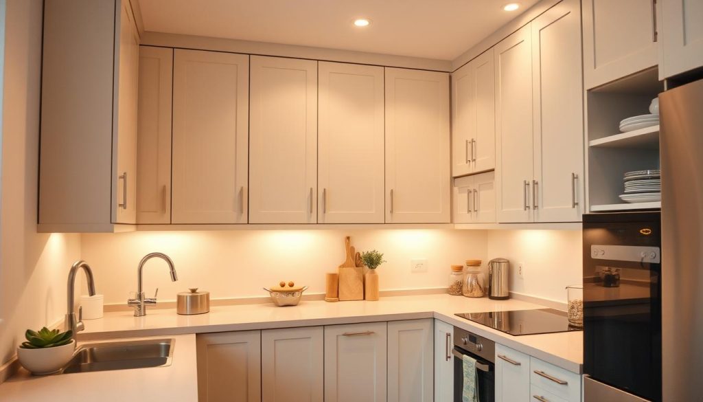 A small, well-organized kitchen with modern, minimalist cabinets in a soft, neutral color palette. The cabinets feature clean lines, minimalist hardware, and seamless integration with the countertops. The lighting is warm and diffused, creating a cozy, inviting atmosphere. The camera angle is slightly elevated, capturing the full height of the cabinets and showcasing their efficient storage solutions, such as pull-out shelves and hidden compartments. The overall design is both aesthetically pleasing and highly functional, embodying the concept of "smart storage solutions" for a compact kitchen space. A small, well-organized kitchen with modern, minimalist cabinets in a soft, neutral color palette. The cabinets feature clean lines, minimalist hardware, and seamless integration with the countertops. The lighting is warm and diffused, creating a cozy, inviting atmosphere. The camera angle is slightly elevated, capturing the full height of the cabinets and showcasing their efficient storage solutions, such as pull-out shelves and hidden compartments. The overall design is both aesthetically pleasing and highly functional, embodying the concept of "smart storage solutions" for a compact kitchen space.