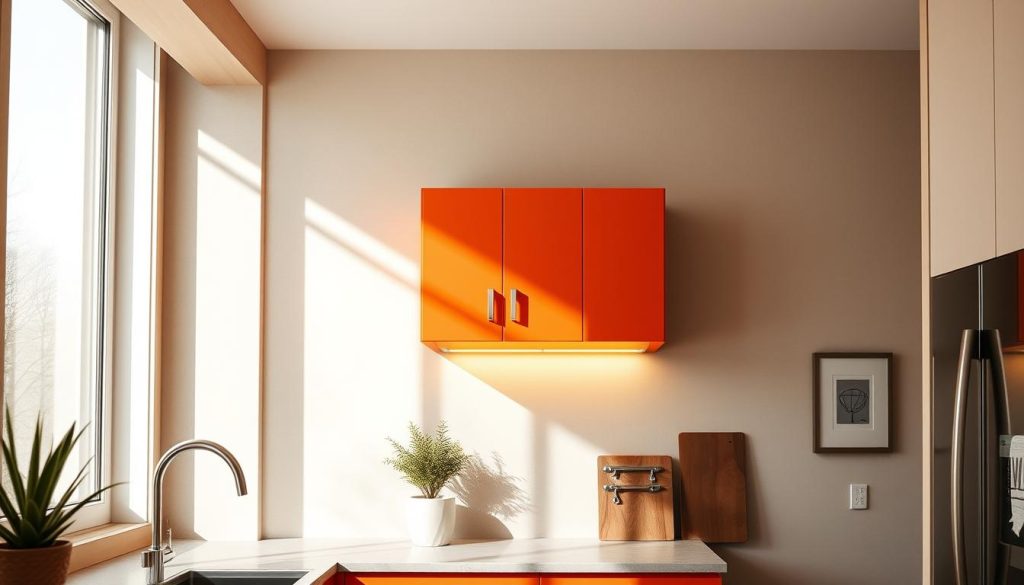 A well-lit, intimate kitchen interior with a focal point of a small, modern wall cabinet in a vibrant, creative color. The cabinet features clean lines, stylish hardware, and a built-in lighting element that casts a warm, inviting glow. The surrounding walls are a neutral, earthy tone, providing a simple yet elegant backdrop. Natural light floods the space through large windows, casting soft shadows and highlighting the cabinet's textural details. Minimalist decor elements, like a potted plant or a framed artwork, complement the design. The overall atmosphere is one of refined sophistication and design-forward inspiration. A well-lit, intimate kitchen interior with a focal point of a small, modern wall cabinet in a vibrant, creative color. The cabinet features clean lines, stylish hardware, and a built-in lighting element that casts a warm, inviting glow. The surrounding walls are a neutral, earthy tone, providing a simple yet elegant backdrop. Natural light floods the space through large windows, casting soft shadows and highlighting the cabinet's textural details. Minimalist decor elements, like a potted plant or a framed artwork, complement the design. The overall atmosphere is one of refined sophistication and design-forward inspiration.