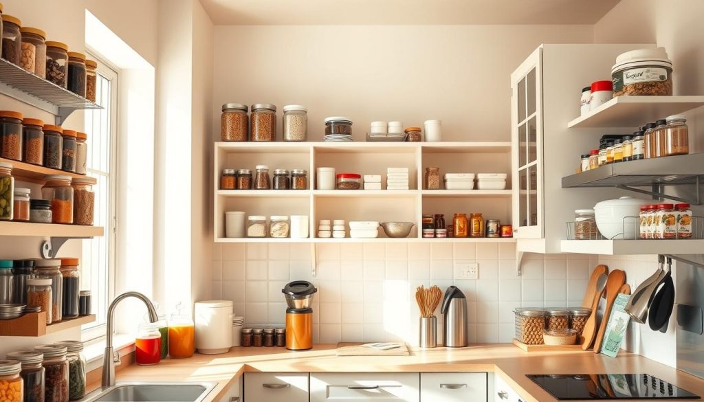 A well-organized kitchen with a variety of small storage solutions, bathed in warm, natural lighting. In the foreground, neatly arranged jars, containers, and spice racks line the walls, showcasing an efficient and visually appealing organization system. In the middle ground, a mix of open shelving and closed cabinets provide ample storage space, strategically placed to maximize the limited square footage. The background features a minimalist, Scandinavian-inspired design, with clean lines and a neutral color palette, creating a serene and uncluttered atmosphere. The overall composition emphasizes the thoughtful use of vertical space and the integration of functional elements into the kitchen's aesthetic. A well-organized kitchen with a variety of small storage solutions, bathed in warm, natural lighting. In the foreground, neatly arranged jars, containers, and spice racks line the walls, showcasing an efficient and visually appealing organization system. In the middle ground, a mix of open shelving and closed cabinets provide ample storage space, strategically placed to maximize the limited square footage. The background features a minimalist, Scandinavian-inspired design, with clean lines and a neutral color palette, creating a serene and uncluttered atmosphere. The overall composition emphasizes the thoughtful use of vertical space and the integration of functional elements into the kitchen's aesthetic.