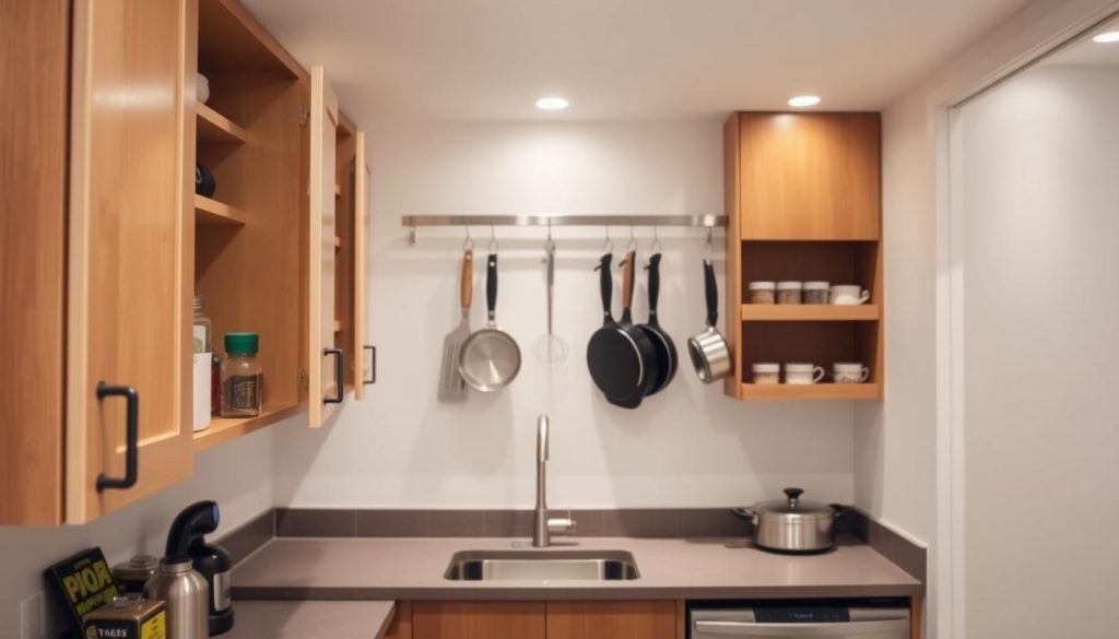 A well-organized small kitchen with clever storage hacks. In the foreground, custom-built wall cabinets with hidden pullout shelves and spice racks. In the middle ground, a tidy countertop with a hanging pot rack and magnetic knife strip. In the background, a minimalist backsplash with recessed lighting, highlighting the clean, modern aesthetic. The overall mood is one of efficient organization and thoughtful design, creating a functional and visually appealing space. A well-organized small kitchen with clever storage hacks. In the foreground, custom-built wall cabinets with hidden pullout shelves and spice racks. In the middle ground, a tidy countertop with a hanging pot rack and magnetic knife strip. In the background, a minimalist backsplash with recessed lighting, highlighting the clean, modern aesthetic. The overall mood is one of efficient organization and thoughtful design, creating a functional and visually appealing space.