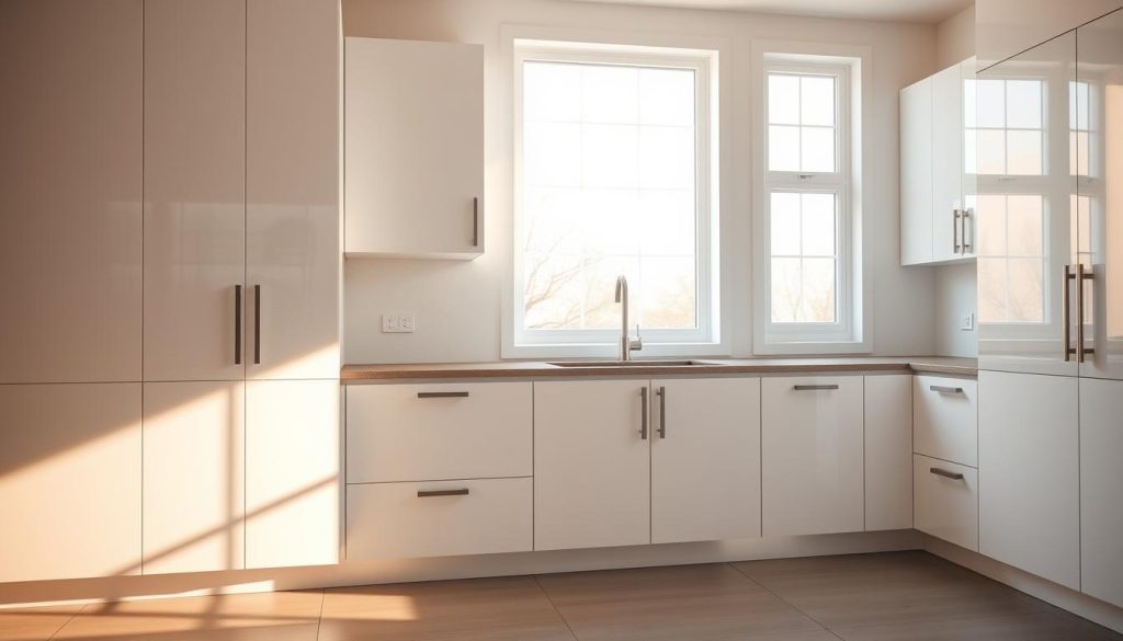 Bright, modern white kitchen cabinets with sleek, minimalist design. Smooth, glossy cabinet fronts reflecting warm, natural lighting from large windows. Recessed handles and concealed hinges create a clean, seamless aesthetic. Gentle shadows cast by the cabinets add depth and dimension. The cabinets are the focal point, set against a neutral, monochromatic background to emphasize their simple, elegant form. A hint of texture in the countertop and backsplash materials provides subtle visual interest. The overall mood is one of sophistication, functionality, and timeless style. Bright, modern white kitchen cabinets with sleek, minimalist design. Smooth, glossy cabinet fronts reflecting warm, natural lighting from large windows. Recessed handles and concealed hinges create a clean, seamless aesthetic. Gentle shadows cast by the cabinets add depth and dimension. The cabinets are the focal point, set against a neutral, monochromatic background to emphasize their simple, elegant form. A hint of texture in the countertop and backsplash materials provides subtle visual interest. The overall mood is one of sophistication, functionality, and timeless style.