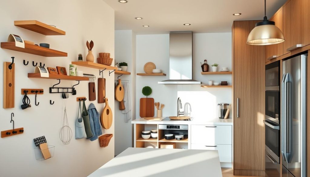 Elegant modern kitchen interior with clever small storage solutions. Warm, natural lighting illuminates a well-organized space. Foreground features various DIY wall-mounted shelves, hooks, and hanging organizers made of wood and metal, efficiently utilizing every inch. Middle ground showcases a sleek, minimalist kitchen island with integrated storage cubbies. Background depicts a tidy, clutter-free workspace with subtle textures and a neutral color palette, creating a harmonious, inspiring atmosphere. Elegant modern kitchen interior with clever small storage solutions. Warm, natural lighting illuminates a well-organized space. Foreground features various DIY wall-mounted shelves, hooks, and hanging organizers made of wood and metal, efficiently utilizing every inch. Middle ground showcases a sleek, minimalist kitchen island with integrated storage cubbies. Background depicts a tidy, clutter-free workspace with subtle textures and a neutral color palette, creating a harmonious, inspiring atmosphere.
