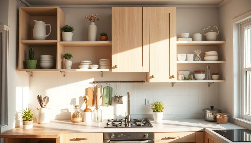Innovative small kitchen organization ideas: A cozy, well-organized kitchen featuring repurposed wall cabinets, with a mix of open shelving, custom pull-out organizers, and hidden storage solutions. The scene is bathed in warm, natural lighting, highlighting the efficient use of space and creative design choices. The cabinets are a mix of light-colored wood and muted pastels, complementing the airy, minimalist aesthetic. Thoughtfully placed potted plants and decorative accents add a touch of charm, while the clean lines and streamlined layout convey a sense of order and functionality. The overall atmosphere is one of practical ingenuity and a celebration of small-space living. Innovative small kitchen organization ideas: A cozy, well-organized kitchen featuring repurposed wall cabinets, with a mix of open shelving, custom pull-out organizers, and hidden storage solutions. The scene is bathed in warm, natural lighting, highlighting the efficient use of space and creative design choices. The cabinets are a mix of light-colored wood and muted pastels, complementing the airy, minimalist aesthetic. Thoughtfully placed potted plants and decorative accents add a touch of charm, while the clean lines and streamlined layout convey a sense of order and functionality. The overall atmosphere is one of practical ingenuity and a celebration of small-space living.