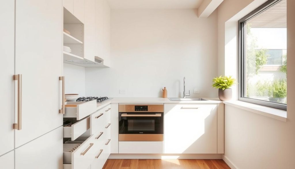 a cozy, modern white kitchen with efficient storage solutions for a compact space. the foreground features clean, minimalist cabinetry with integrated pull-out drawers and shelves, maximizing every inch. the middle ground showcases a sleek, handleless design with a seamless countertop, creating a streamlined, uncluttered look. the background includes a large window flooding the space with warm, natural light and a view of a lush, green outdoor area, blurring the lines between indoor and outdoor living. the overall mood is one of tranquility, functionality, and design-forward sensibility, perfectly suited for a small, urban kitchen. a cozy, modern white kitchen with efficient storage solutions for a compact space. the foreground features clean, minimalist cabinetry with integrated pull-out drawers and shelves, maximizing every inch. the middle ground showcases a sleek, handleless design with a seamless countertop, creating a streamlined, uncluttered look. the background includes a large window flooding the space with warm, natural light and a view of a lush, green outdoor area, blurring the lines between indoor and outdoor living. the overall mood is one of tranquility, functionality, and design-forward sensibility, perfectly suited for a small, urban kitchen.