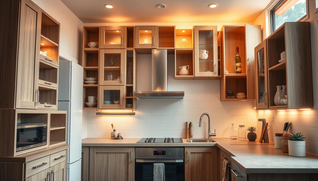 a highly detailed, photorealistic image of several unique and innovative small kitchen cabinet configurations, showcased in a well-lit, modern kitchen interior. The cabinets are arranged in various intricate and unconventional patterns, utilizing different shapes, sizes, and materials to maximize storage and functionality in a compact space. The lighting is warm and natural, creating a cozy and inviting atmosphere. The image is captured from an eye-level perspective, allowing the viewer to fully appreciate the creative cabinet designs. The overall composition emphasizes the ingenuity and versatility of these solutions, providing inspiration for small kitchen owners seeking to optimize their space. a highly detailed, photorealistic image of several unique and innovative small kitchen cabinet configurations, showcased in a well-lit, modern kitchen interior. The cabinets are arranged in various intricate and unconventional patterns, utilizing different shapes, sizes, and materials to maximize storage and functionality in a compact space. The lighting is warm and natural, creating a cozy and inviting atmosphere. The image is captured from an eye-level perspective, allowing the viewer to fully appreciate the creative cabinet designs. The overall composition emphasizes the ingenuity and versatility of these solutions, providing inspiration for small kitchen owners seeking to optimize their space.