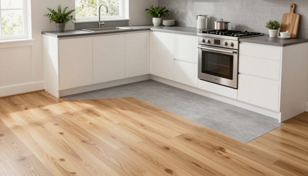 A beautifully designed small U-shaped kitchen featuring a range of flooring choices that enhance spatial flow. In the foreground, showcase a light oak hardwood floor that seamlessly transitions into a modern gray tile design in the cooking area. The middle of the image captures sleek cabinetry in soft white tones and stainless steel appliances, contributing to an airy feel. In the background, consider open shelving displaying tasteful kitchenware and potted herbs. Bright, natural lighting floods the space from a window, highlighting the harmonious blend of textures and colors. Use a slightly elevated angle to give a comprehensive perspective of the kitchen, evoking a mood of elegance and functionality, perfect for maximizing smaller kitchen spaces.