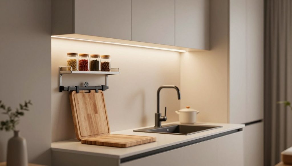 A beautifully designed small kitchen showcasing innovative space-saving solutions. In the foreground, a sleek, minimalist countertop features a compact cutting board, integrated sink with a modern faucet, and a utensil holder. A magnetic knife strip is mounted on the wall, highlighting organizational efficiency. In the middle, open shelves display neatly arranged spice jars and pots, promoting accessibility while maintaining a clean line. The background features tall, narrow cabinets, maximizing vertical storage, with soft, ambient lighting illuminating the entire scene. Use a warm color palette to create a cozy, inviting atmosphere. The photo is captured at a slight angle with a shallow depth of field, focusing on the countertop while softly blurring the background, emphasizing the clever design hacks that enhance functionality without compromising style.