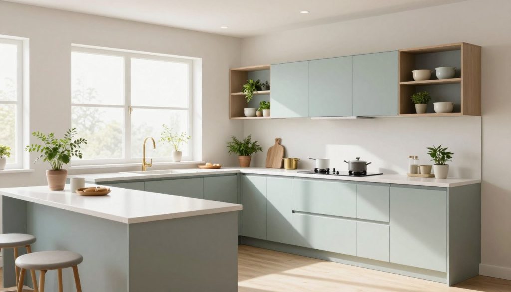 A bright, modern small kitchen designed to maximize space with a U-shaped layout. The foreground features an elegant white countertop with sleek, minimalist kitchenware. The middle section showcases soft pastel color palettes—light blues, greens, and warm grays on the cabinetry, giving an airy feel—paired with subtle metallic accents. A well-organized small shelf displays potted herbs, adding a touch of liveliness. In the background, natural light floods the room through a window, highlighting the light-colored walls and open shelving that creates an illusion of spaciousness. The atmosphere is inviting and serene, with a focal point on the harmonious color scheme that enhances the kitchen's size perception. The image is taken at eye level with a wide-angle lens to capture the full scope of the kitchen's layout.